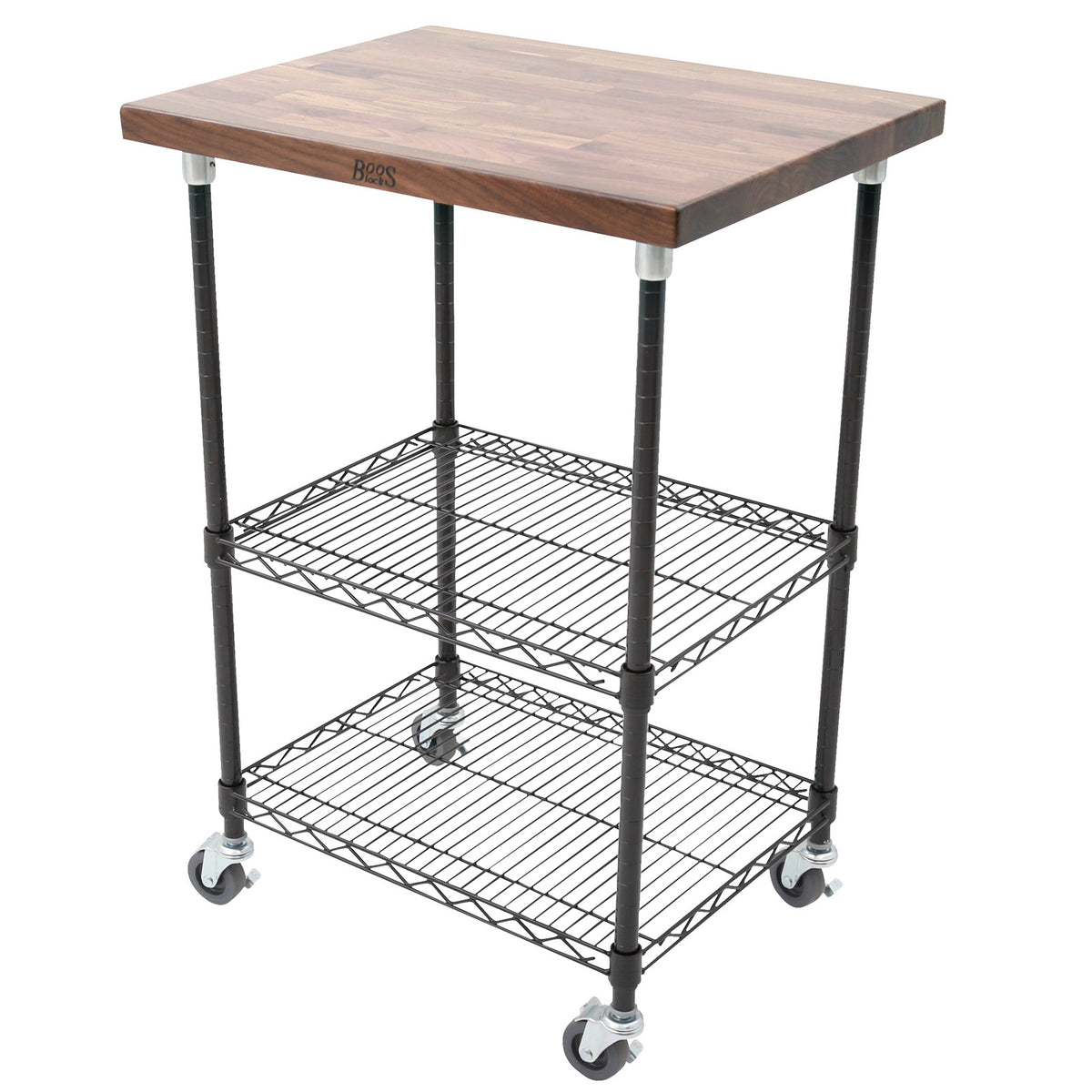 John Boos MET-WWCK-1 1 1/2" Walnut Top Metro Cart - Black Base - 27 X 21 X 36